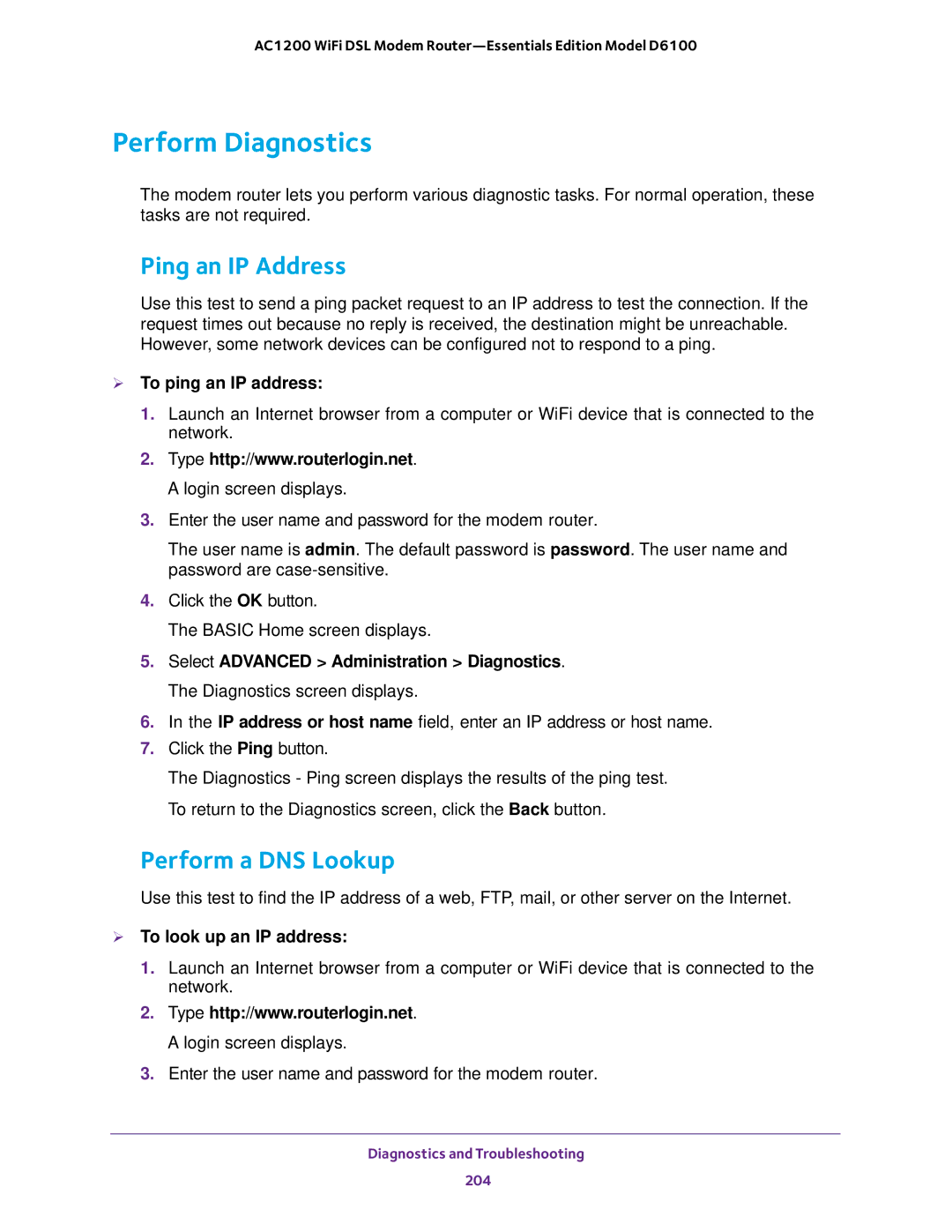 NETGEAR D6100 user manual Perform Diagnostics, Ping an IP Address, Perform a DNS Lookup,  To ping an IP address 