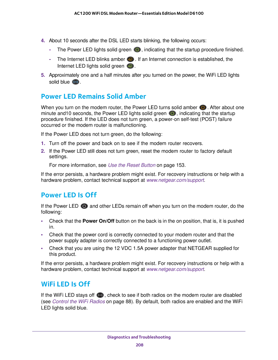 NETGEAR D6100 user manual Power LED Remains Solid Amber, Power LED Is Off, WiFi LED Is Off 