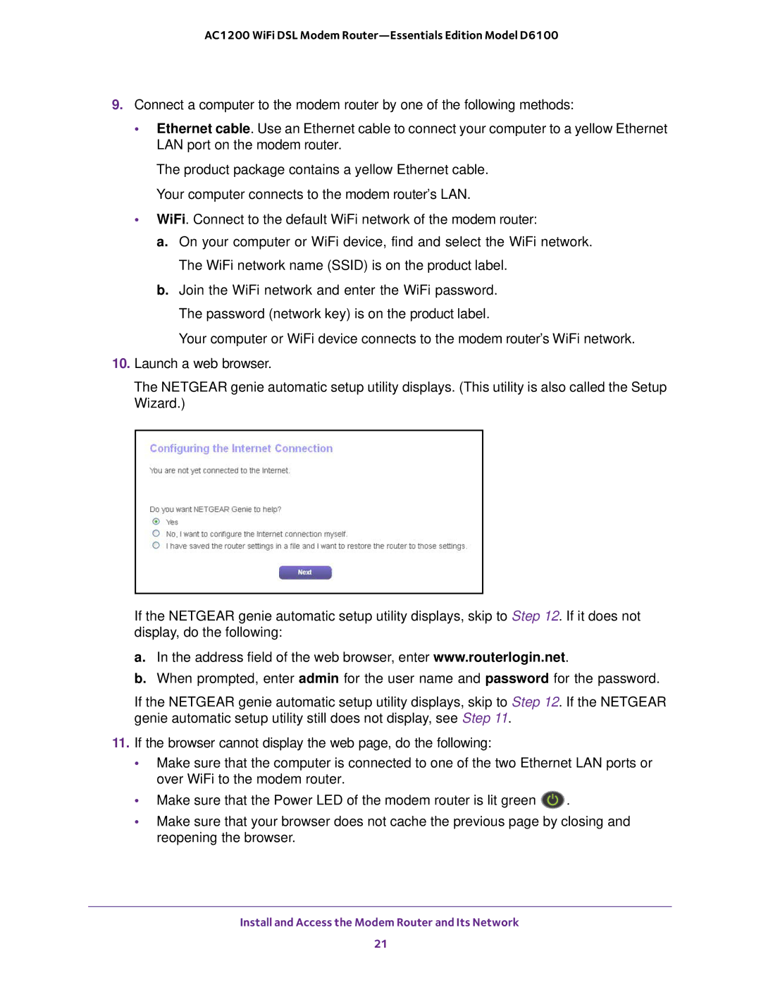 NETGEAR D6100 user manual Install and Access the Modem Router and Its Network 