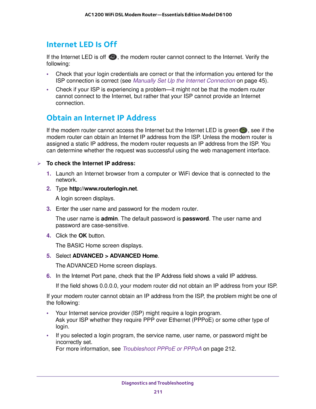 NETGEAR D6100 user manual Internet LED Is Off, Obtain an Internet IP Address,  To check the Internet IP address 