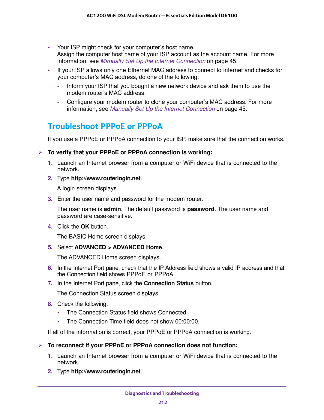 NETGEAR D6100 user manual Troubleshoot PPPoE or PPPoA,  To verify that your PPPoE or PPPoA connection is working 