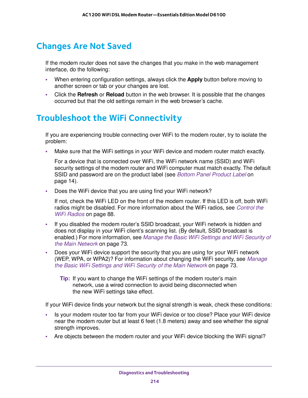 NETGEAR D6100 user manual Changes Are Not Saved, Troubleshoot the WiFi Connectivity 