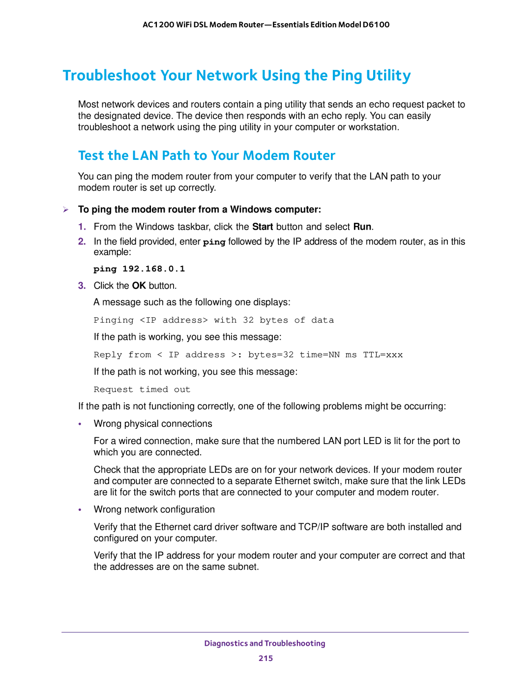 NETGEAR D6100 user manual Troubleshoot Your Network Using the Ping Utility, Test the LAN Path to Your Modem Router 