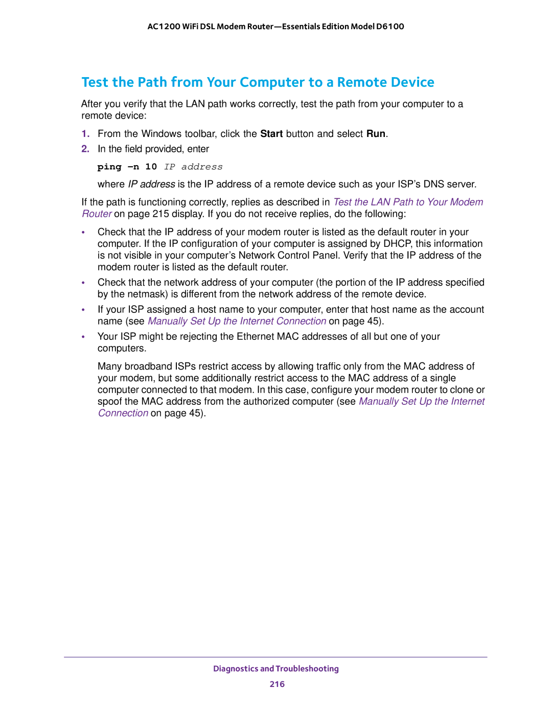 NETGEAR D6100 user manual Test the Path from Your Computer to a Remote Device 