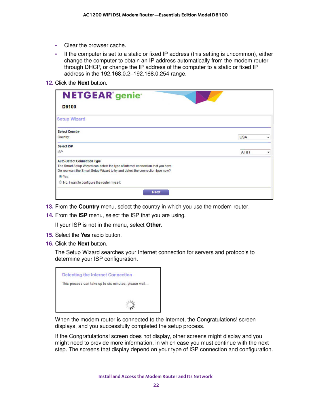 NETGEAR D6100 user manual Install and Access the Modem Router and Its Network 