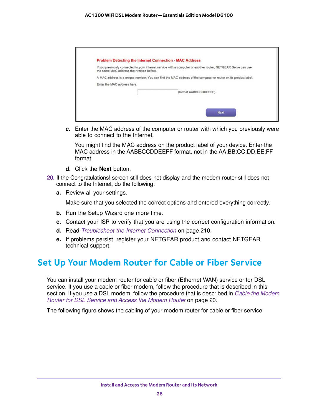 NETGEAR D6100 user manual Set Up Your Modem Router for Cable or Fiber Service 