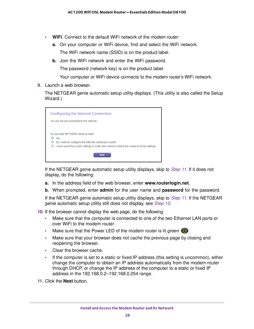 NETGEAR D6100 user manual Install and Access the Modem Router and Its Network 