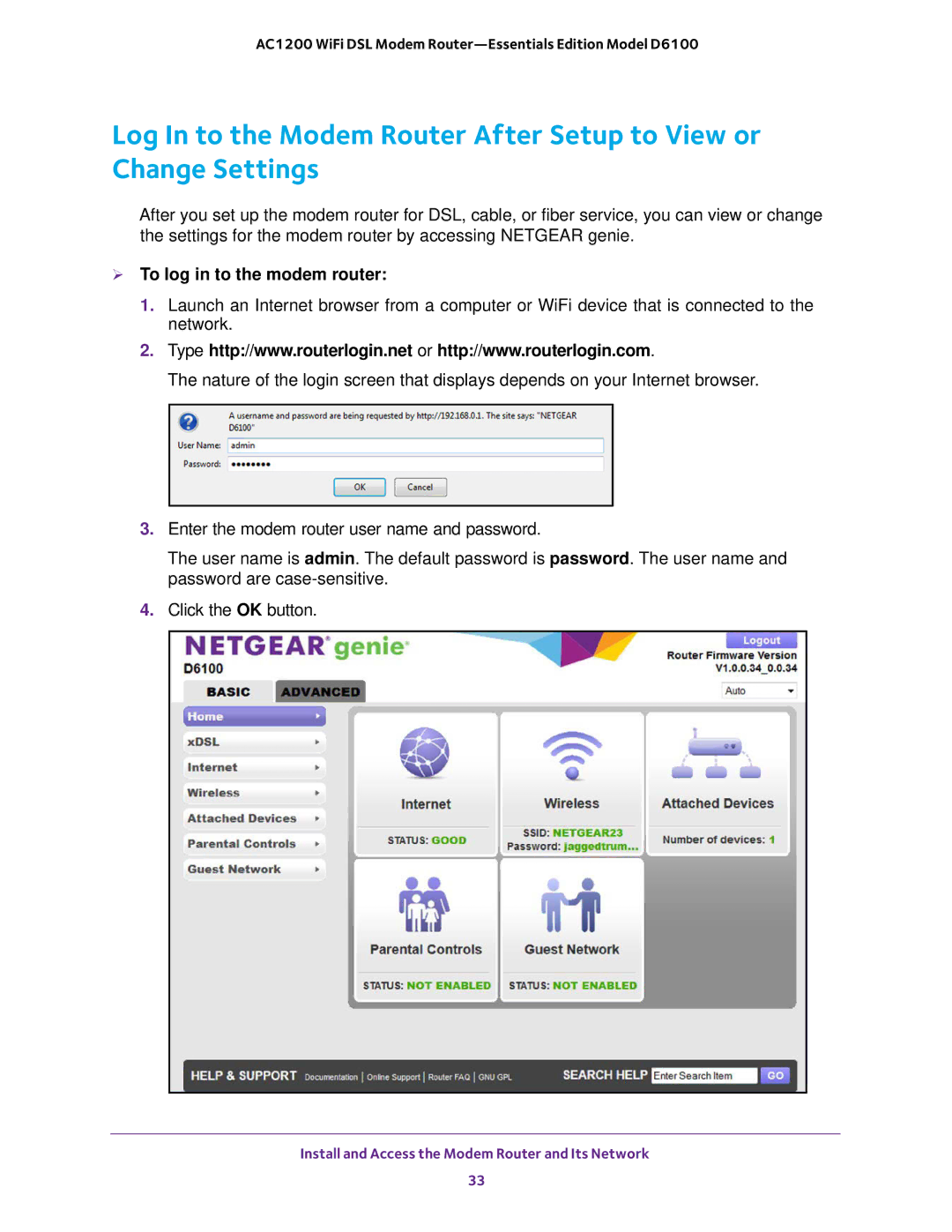 NETGEAR D6100 user manual  To log in to the modem router 