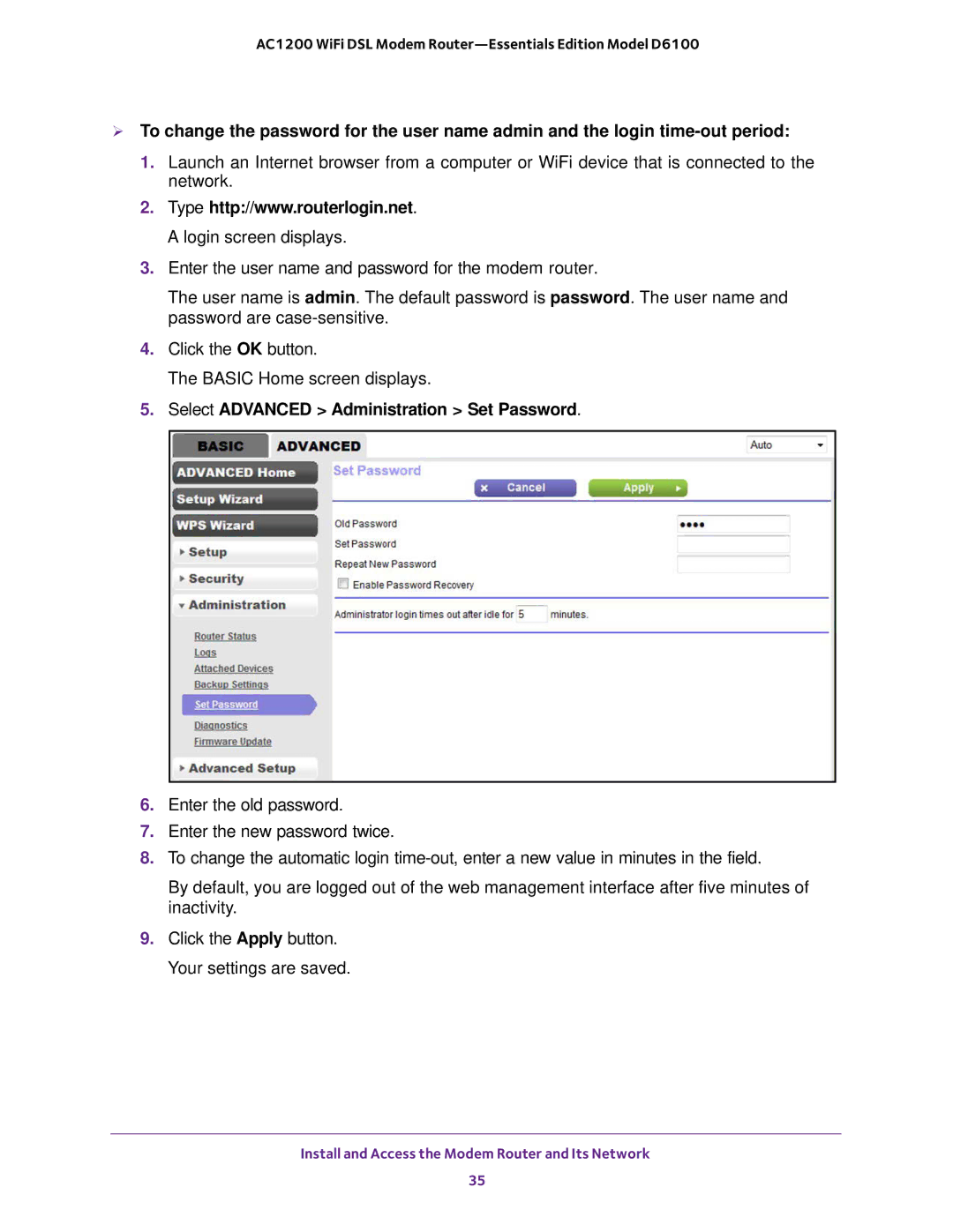 NETGEAR D6100 user manual Select Advanced Administration Set Password 