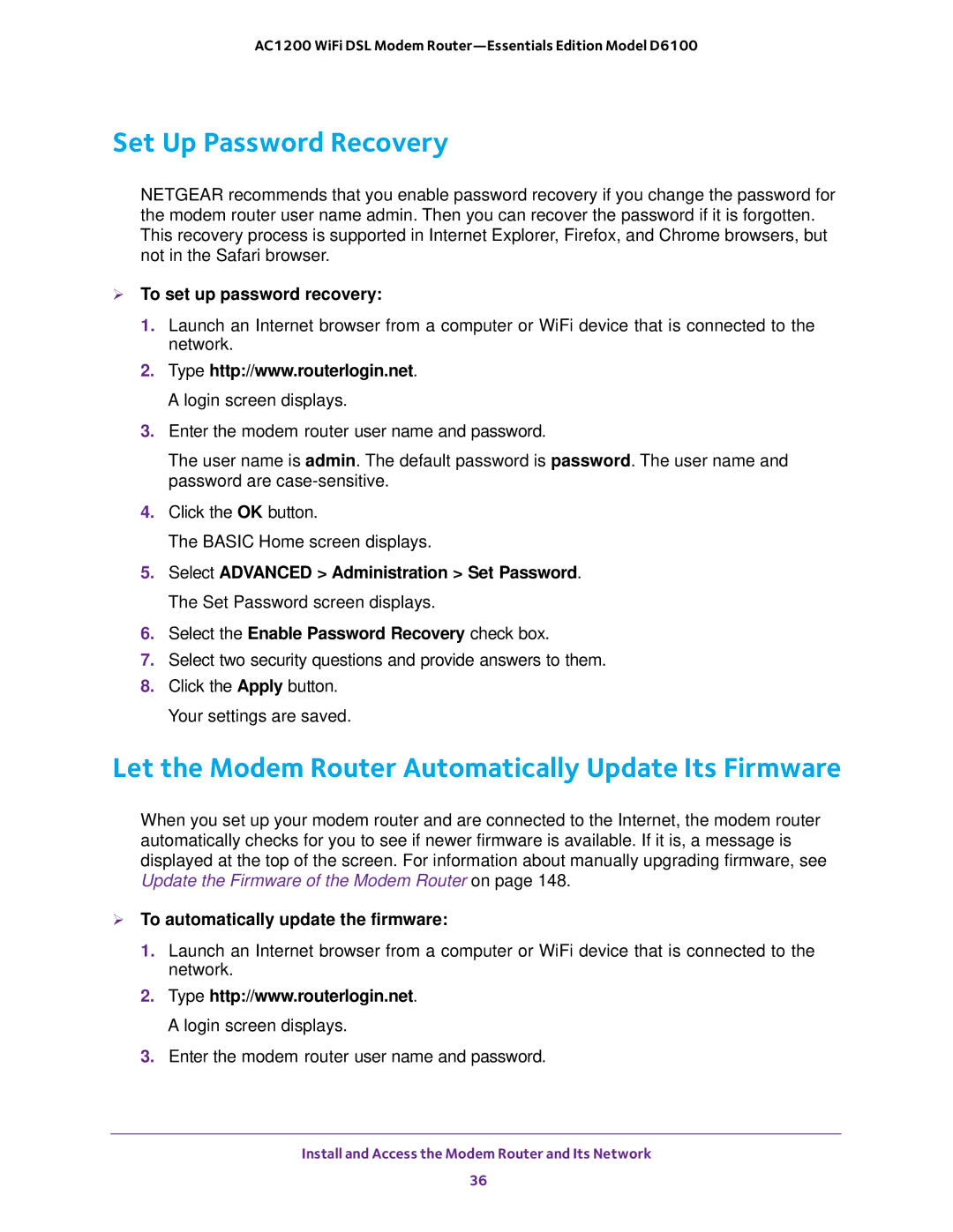 NETGEAR D6100 user manual Set Up Password Recovery, Let the Modem Router Automatically Update Its Firmware 