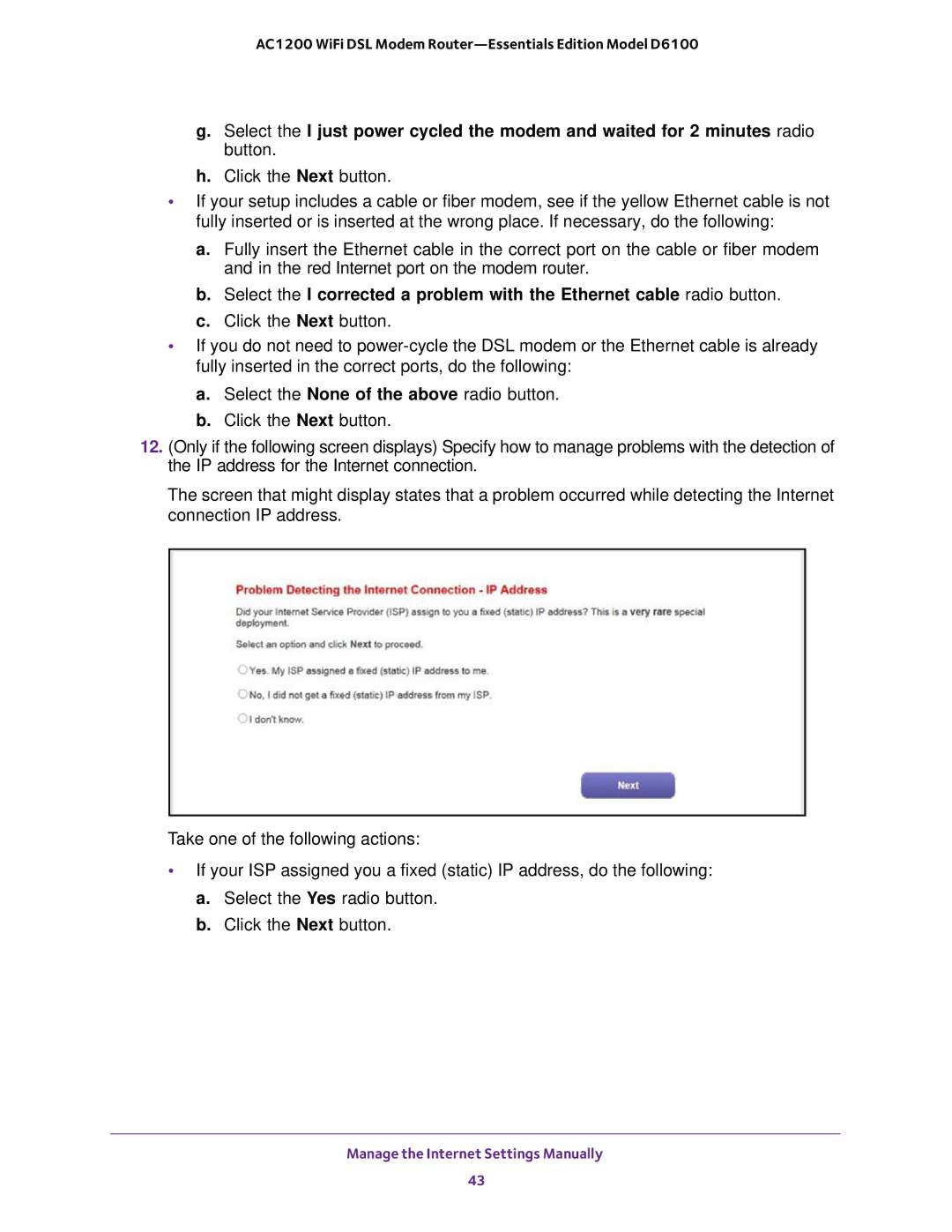 NETGEAR D6100 user manual Manage the Internet Settings Manually 