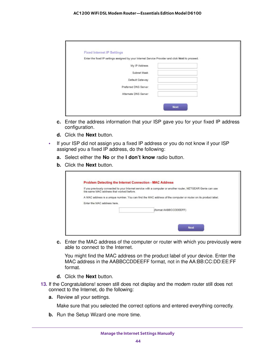 NETGEAR D6100 user manual Manage the Internet Settings Manually 