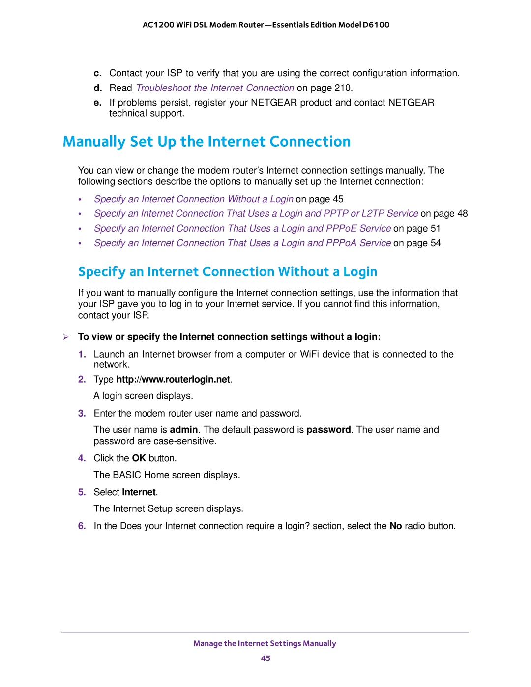 NETGEAR D6100 user manual Manually Set Up the Internet Connection, Specify an Internet Connection Without a Login 