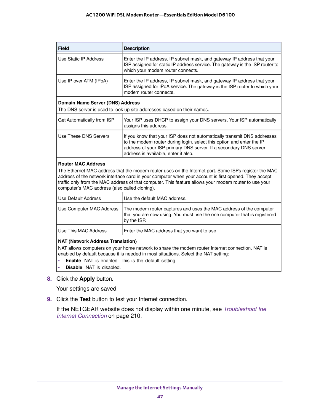 NETGEAR D6100 user manual Domain Name Server DNS Address, Router MAC Address, NAT Network Address Translation 