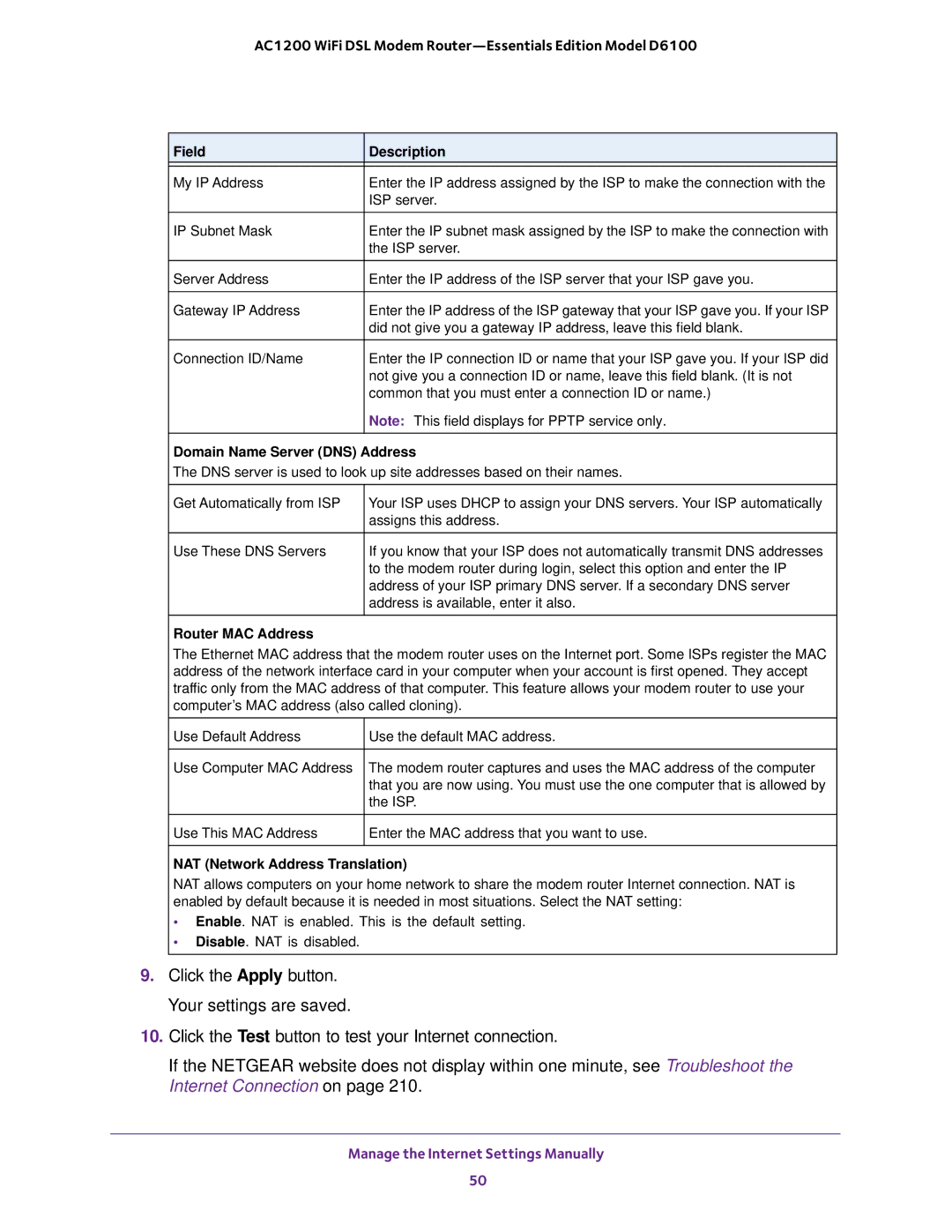 NETGEAR D6100 user manual Domain Name Server DNS Address 