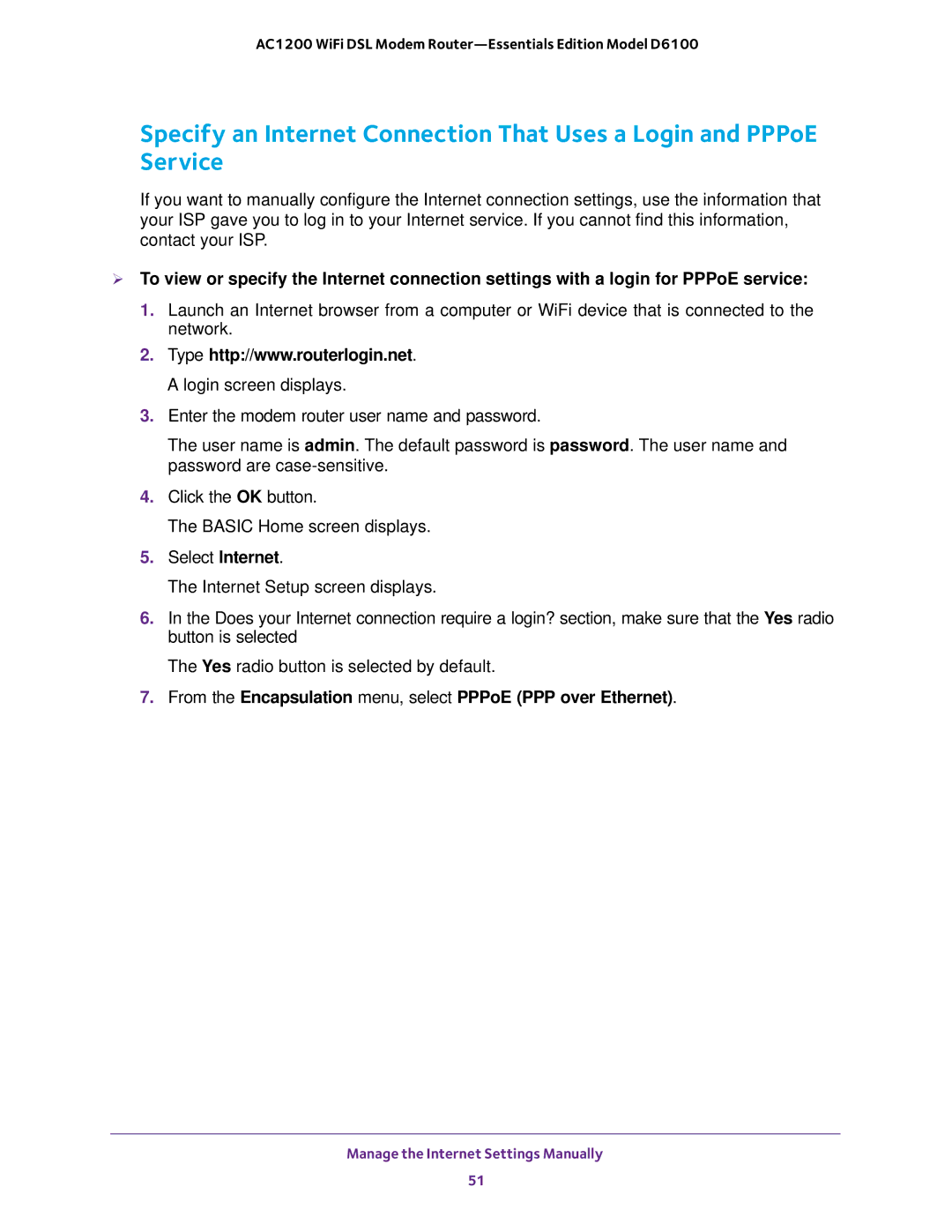 NETGEAR D6100 user manual From the Encapsulation menu, select PPPoE PPP over Ethernet 