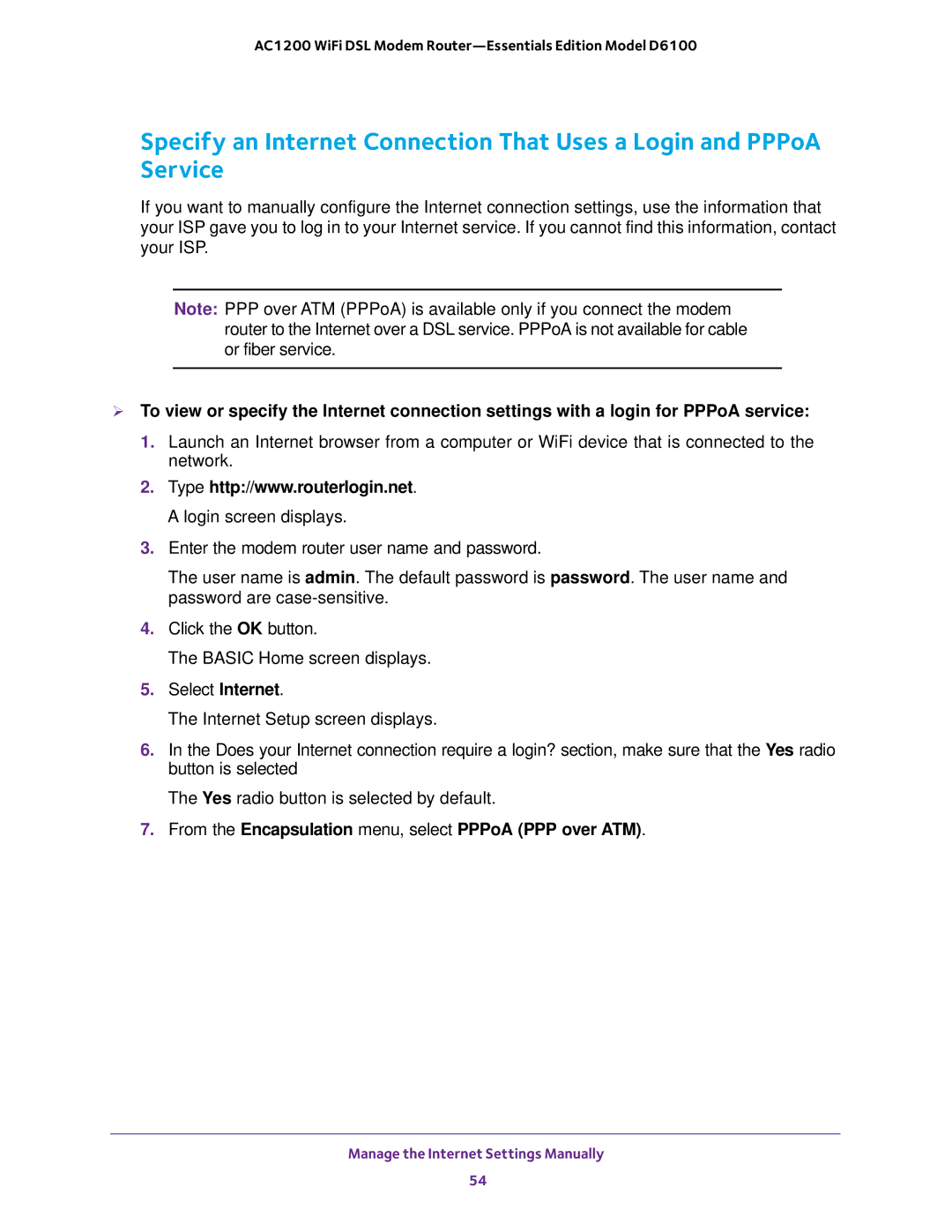 NETGEAR D6100 user manual From the Encapsulation menu, select PPPoA PPP over ATM 