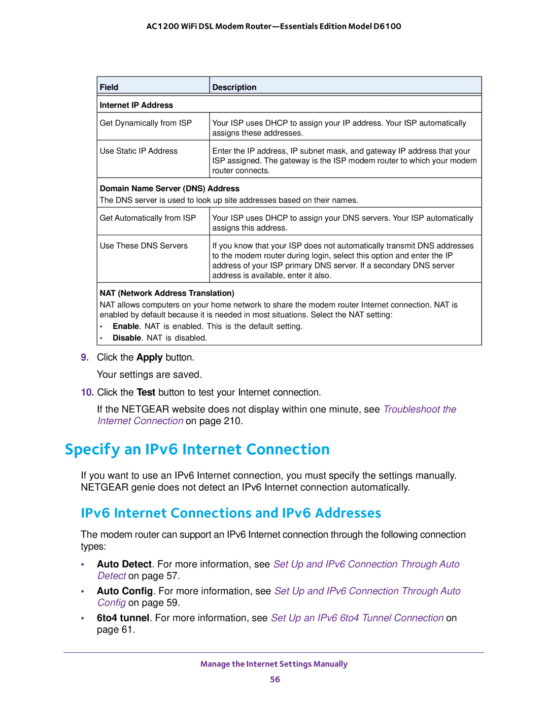 NETGEAR D6100 user manual Specify an IPv6 Internet Connection, IPv6 Internet Connections and IPv6 Addresses 