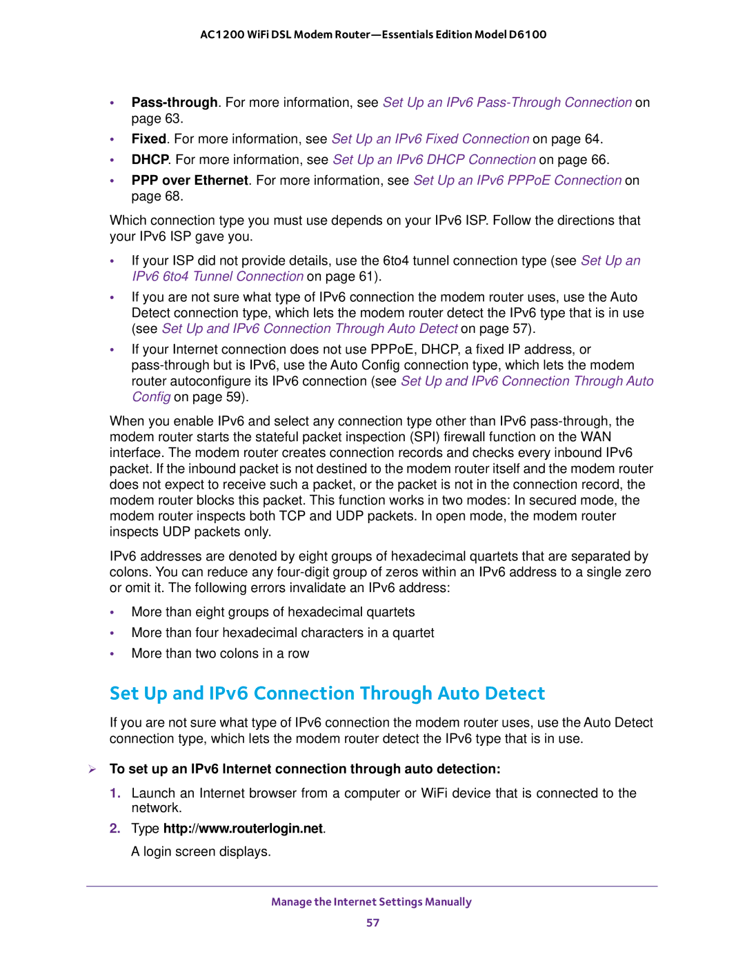 NETGEAR D6100 user manual Set Up and IPv6 Connection Through Auto Detect 