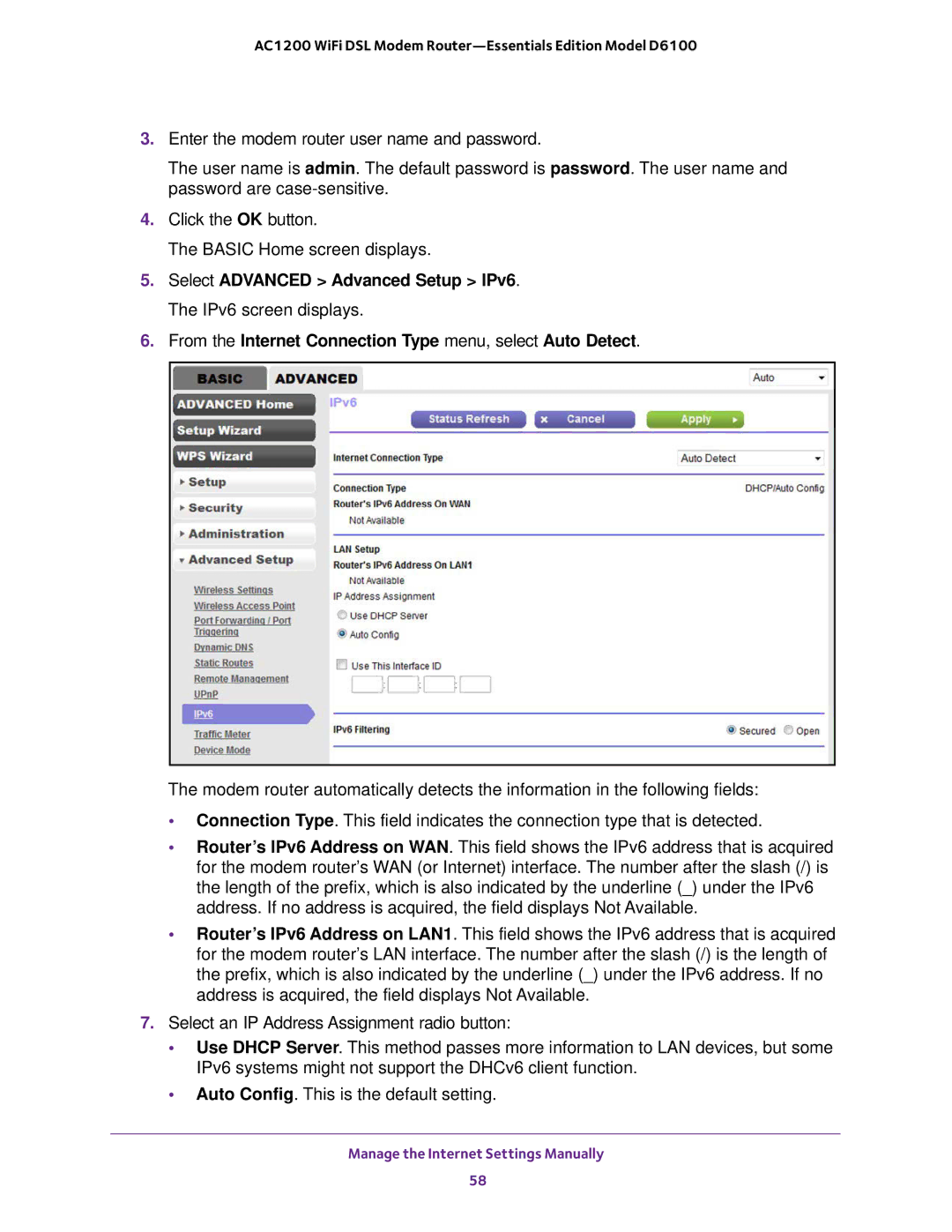 NETGEAR D6100 user manual From the Internet Connection Type menu, select Auto Detect 