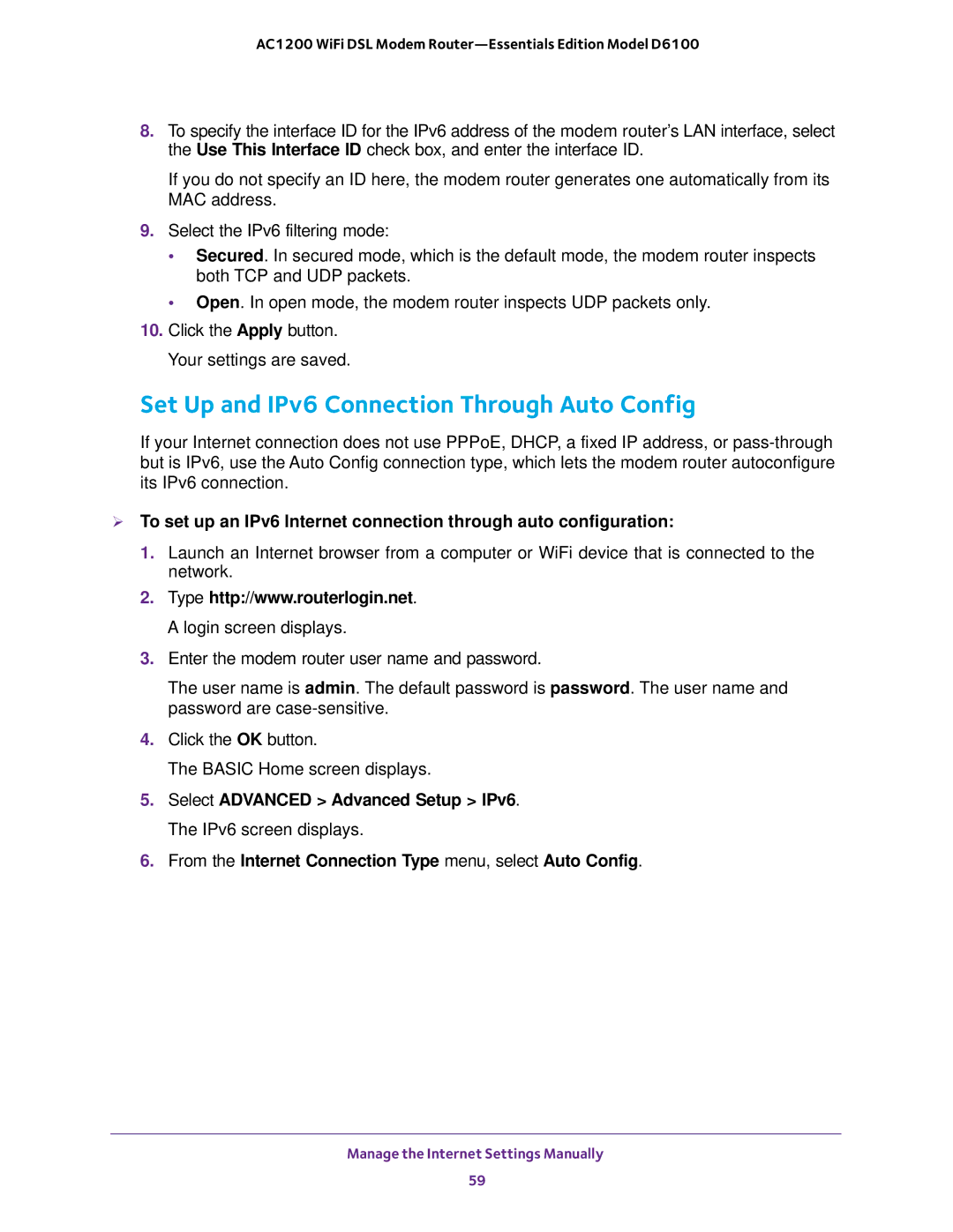 NETGEAR D6100 Set Up and IPv6 Connection Through Auto Config, From the Internet Connection Type menu, select Auto Config 