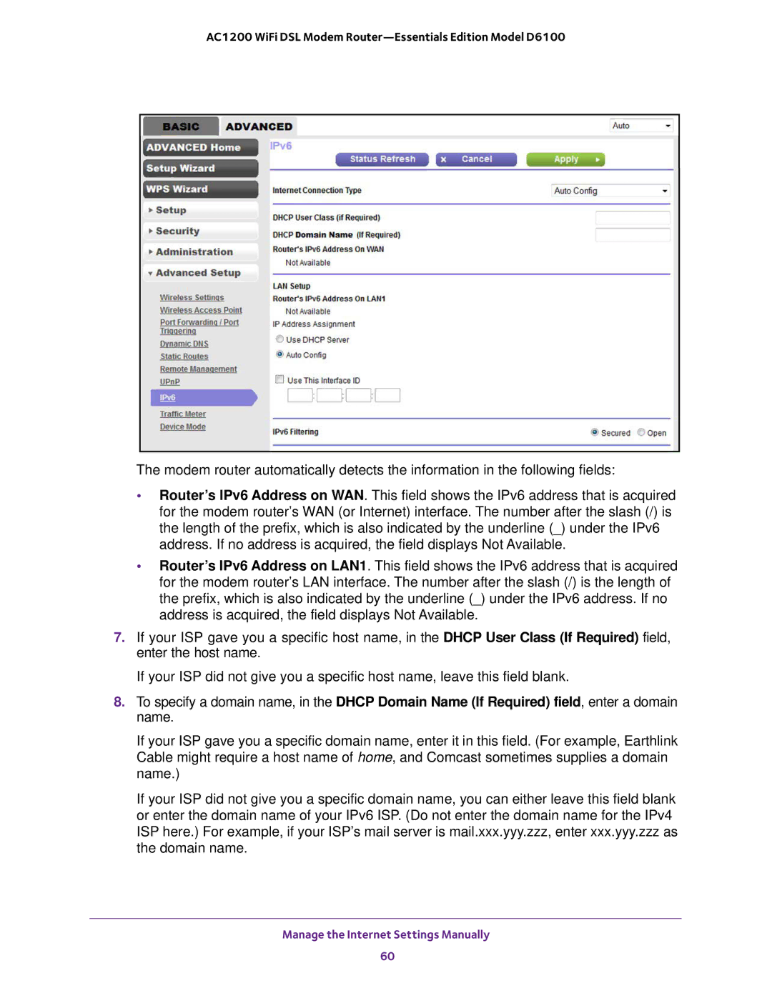 NETGEAR D6100 user manual Manage the Internet Settings Manually 