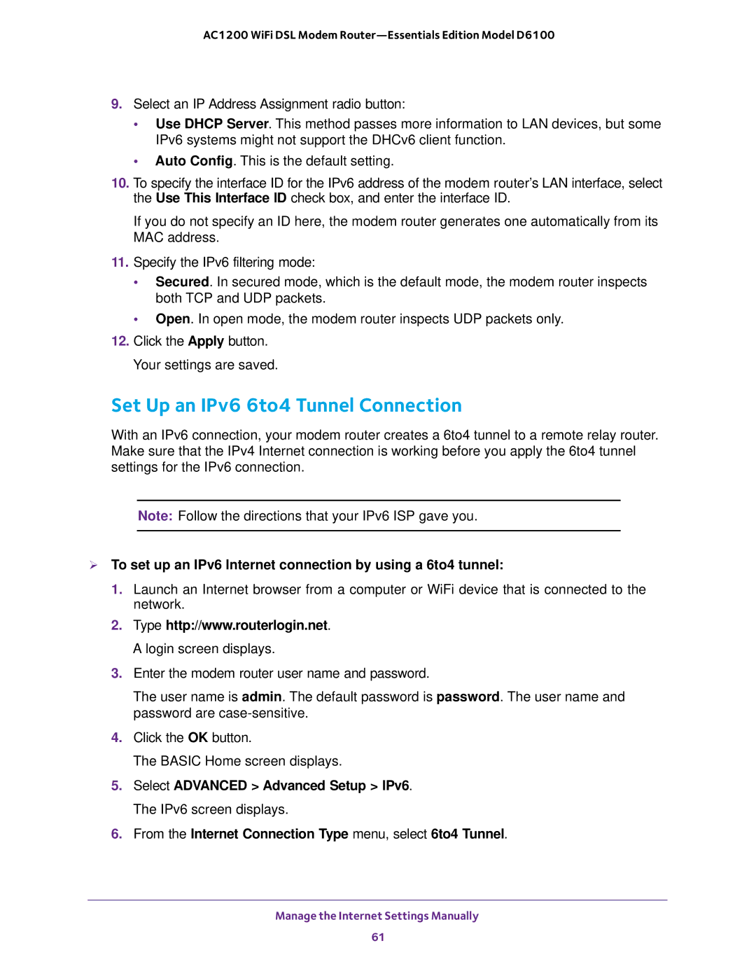 NETGEAR D6100 user manual Set Up an IPv6 6to4 Tunnel Connection, From the Internet Connection Type menu, select 6to4 Tunnel 