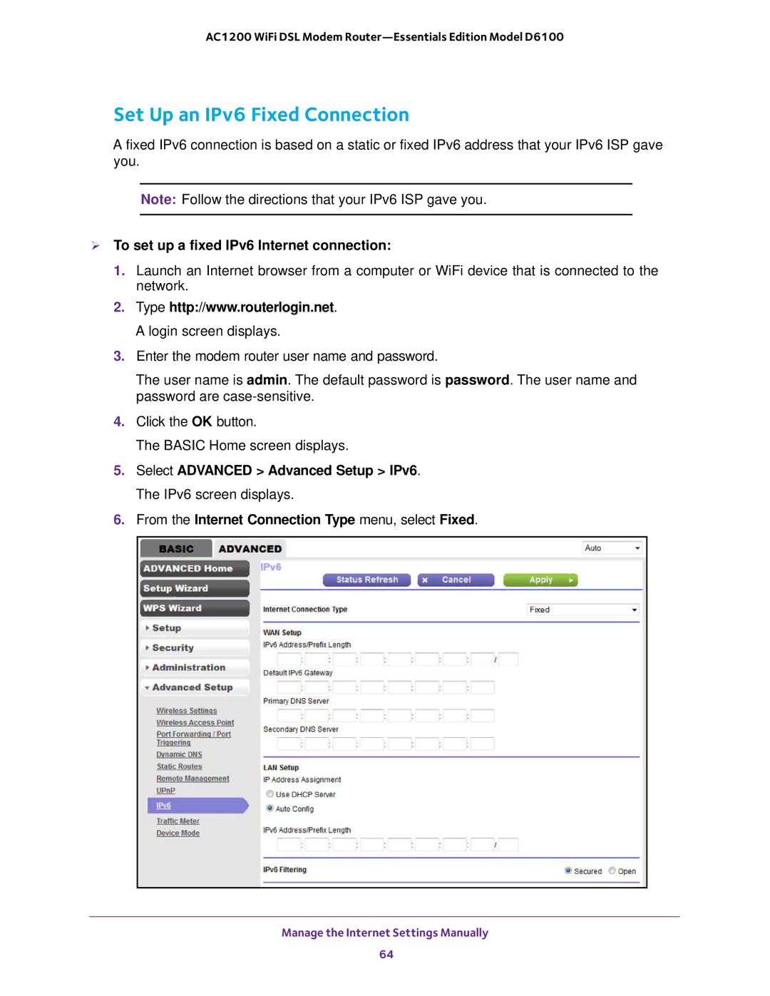 NETGEAR D6100 user manual Set Up an IPv6 Fixed Connection,  To set up a fixed IPv6 Internet connection 