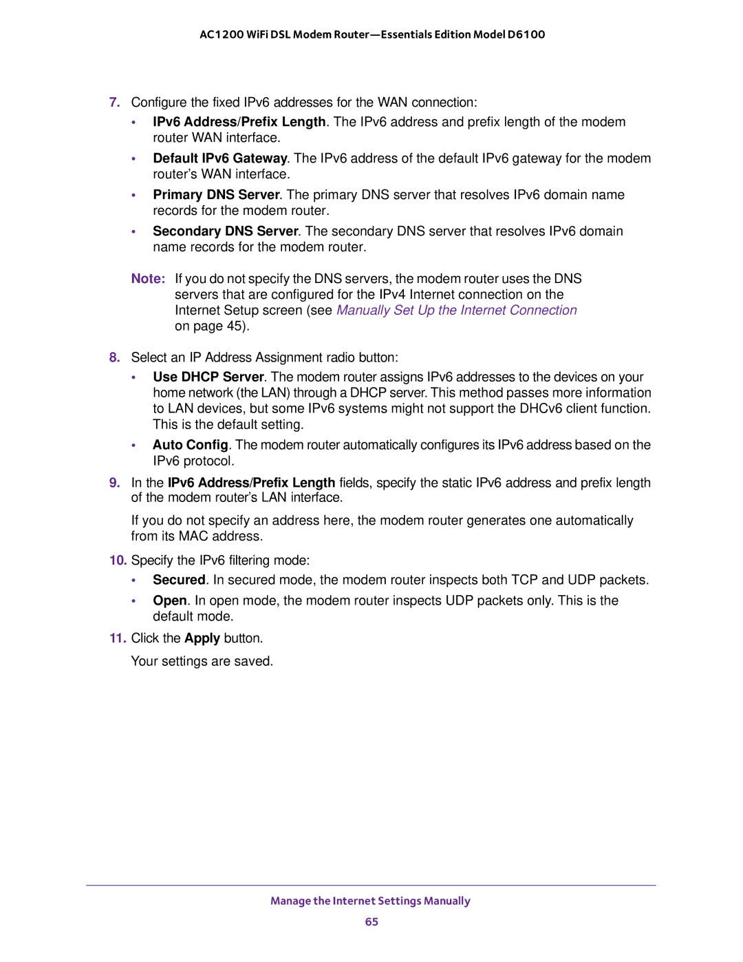 NETGEAR D6100 user manual Manage the Internet Settings Manually 