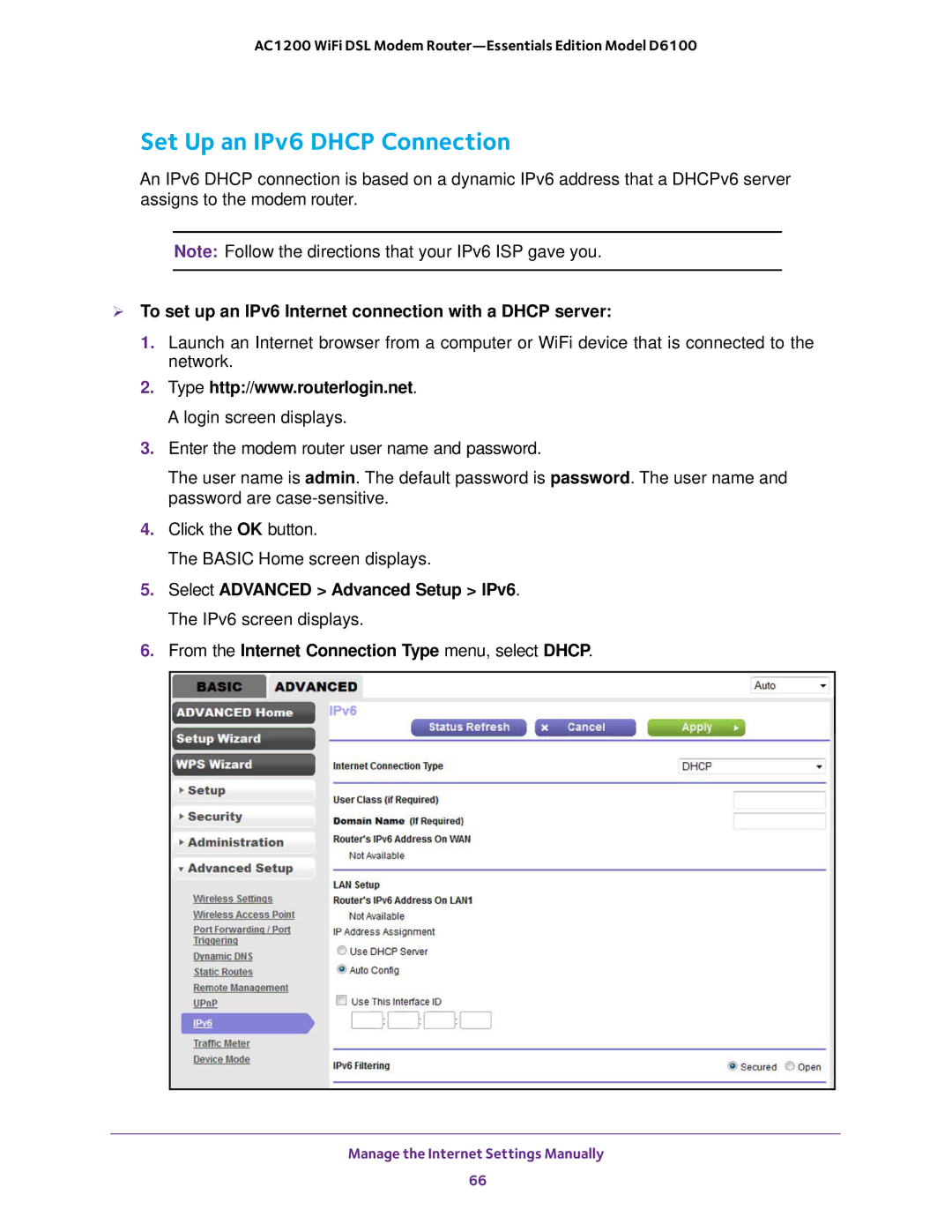 NETGEAR D6100 user manual Set Up an IPv6 Dhcp Connection,  To set up an IPv6 Internet connection with a Dhcp server 