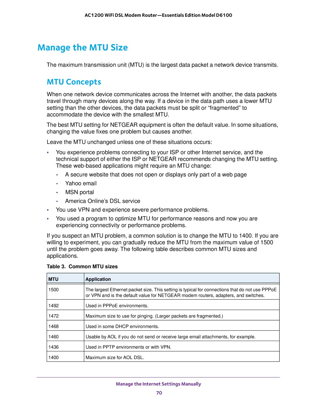 NETGEAR D6100 user manual Manage the MTU Size, MTU Concepts, Application 