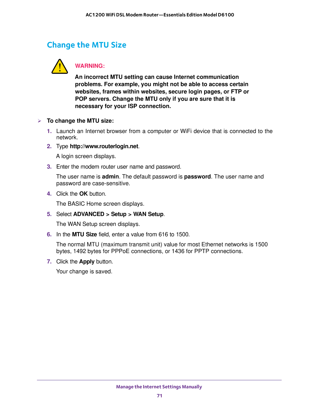 NETGEAR D6100 user manual Change the MTU Size 