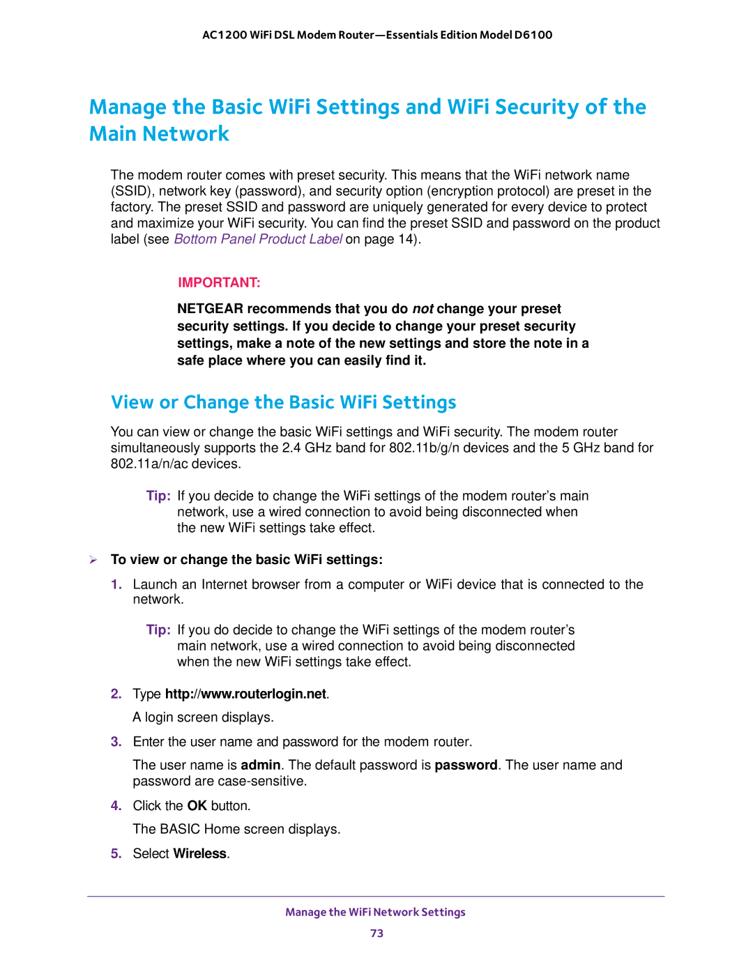 NETGEAR D6100 user manual View or Change the Basic WiFi Settings,  To view or change the basic WiFi settings 