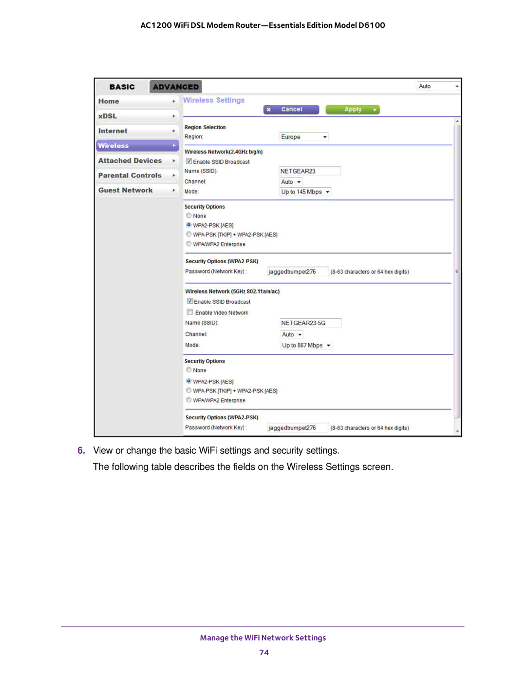 NETGEAR D6100 user manual Manage the WiFi Network Settings 