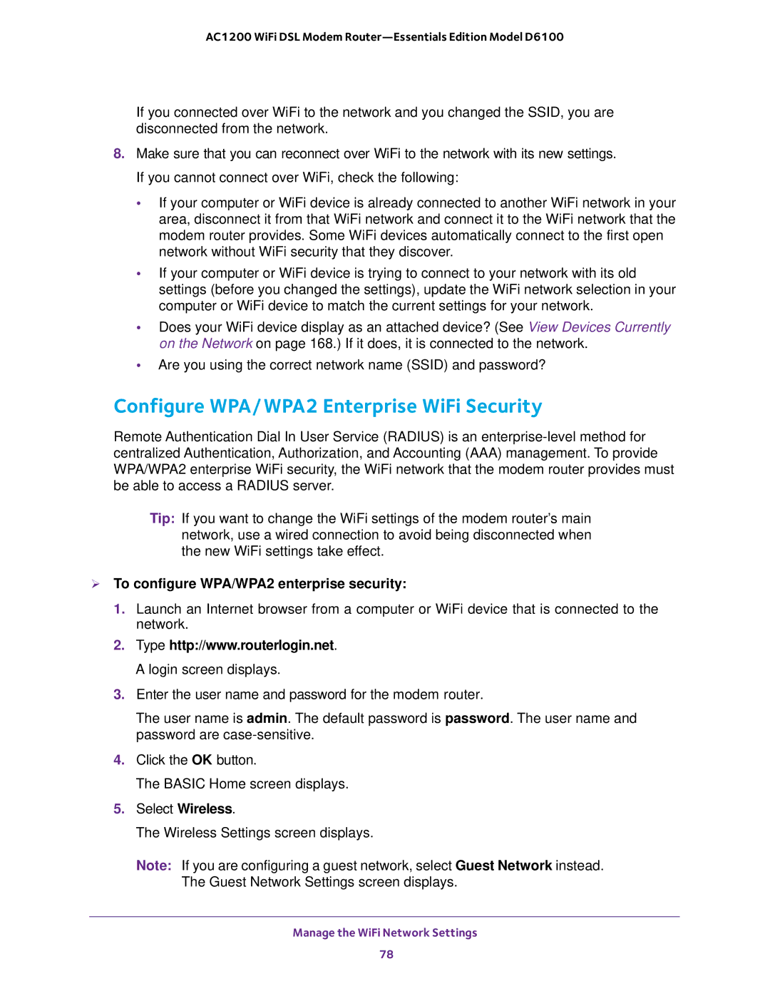 NETGEAR D6100 user manual Configure WPA/WPA2 Enterprise WiFi Security,  To configure WPA/WPA2 enterprise security 