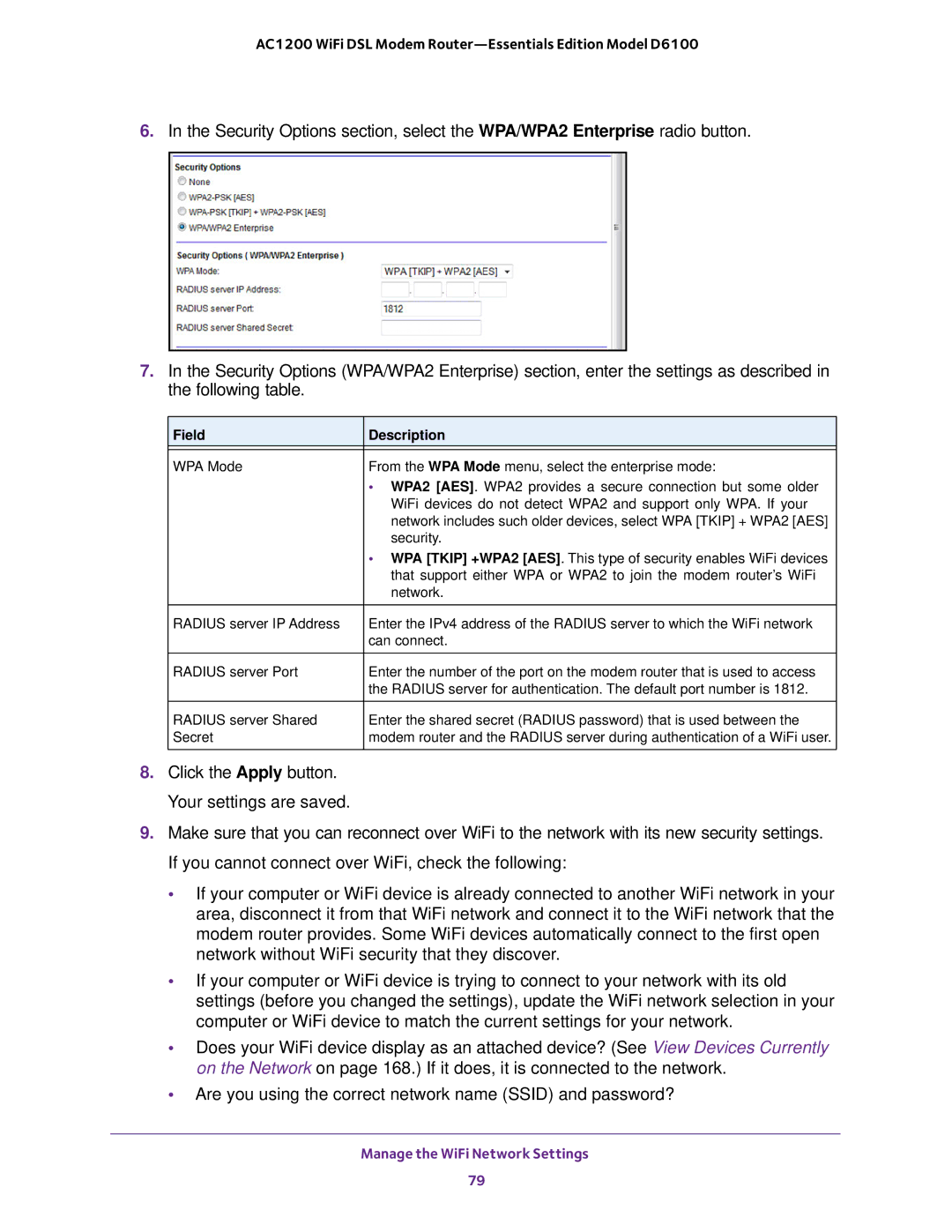 NETGEAR D6100 user manual Manage the WiFi Network Settings 