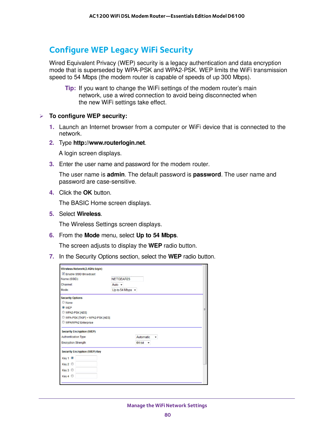 NETGEAR D6100 user manual Configure WEP Legacy WiFi Security,  To configure WEP security 