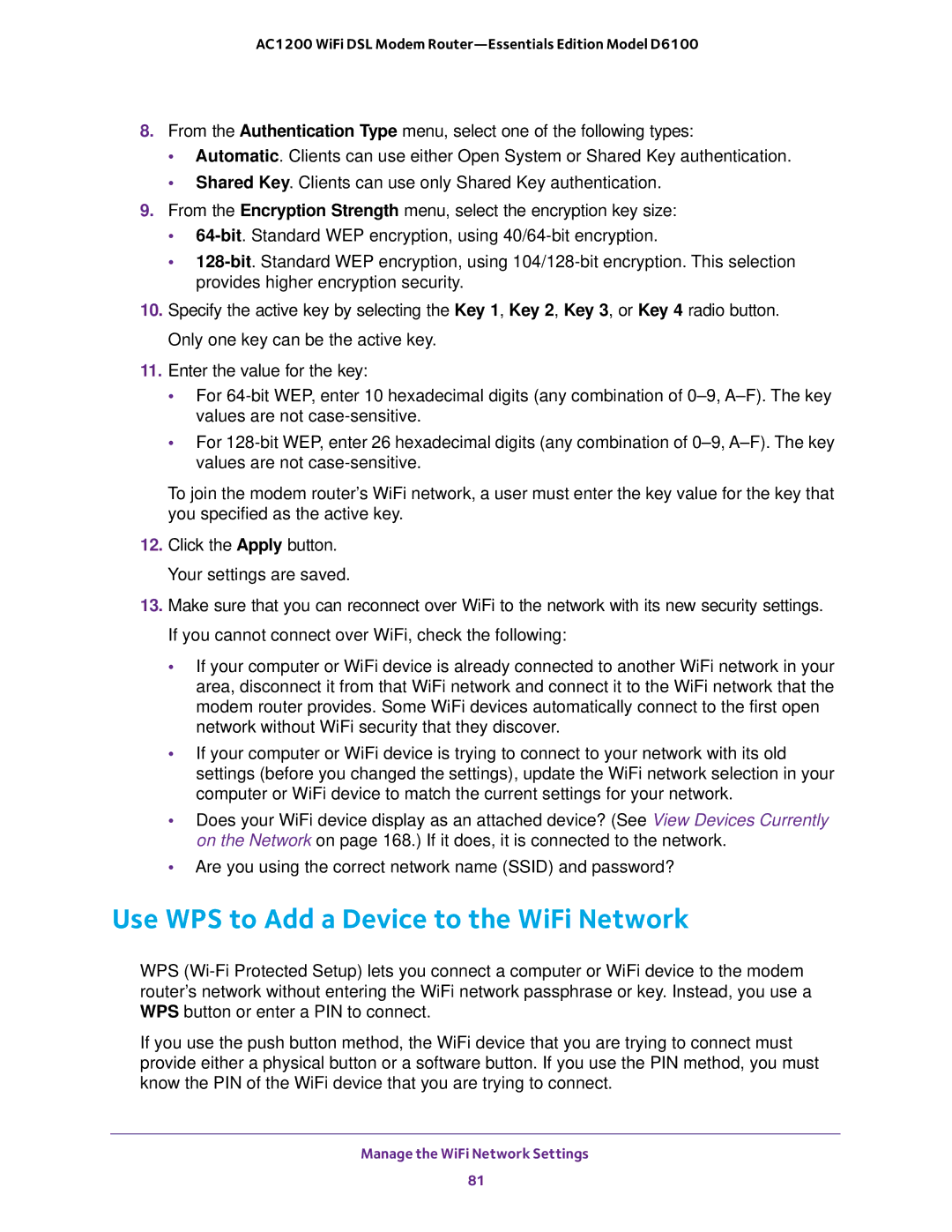 NETGEAR D6100 user manual Use WPS to Add a Device to the WiFi Network 