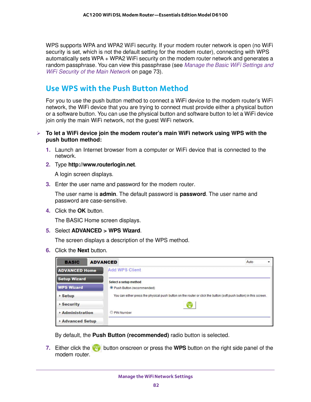 NETGEAR D6100 user manual Use WPS with the Push Button Method, Select Advanced WPS Wizard 