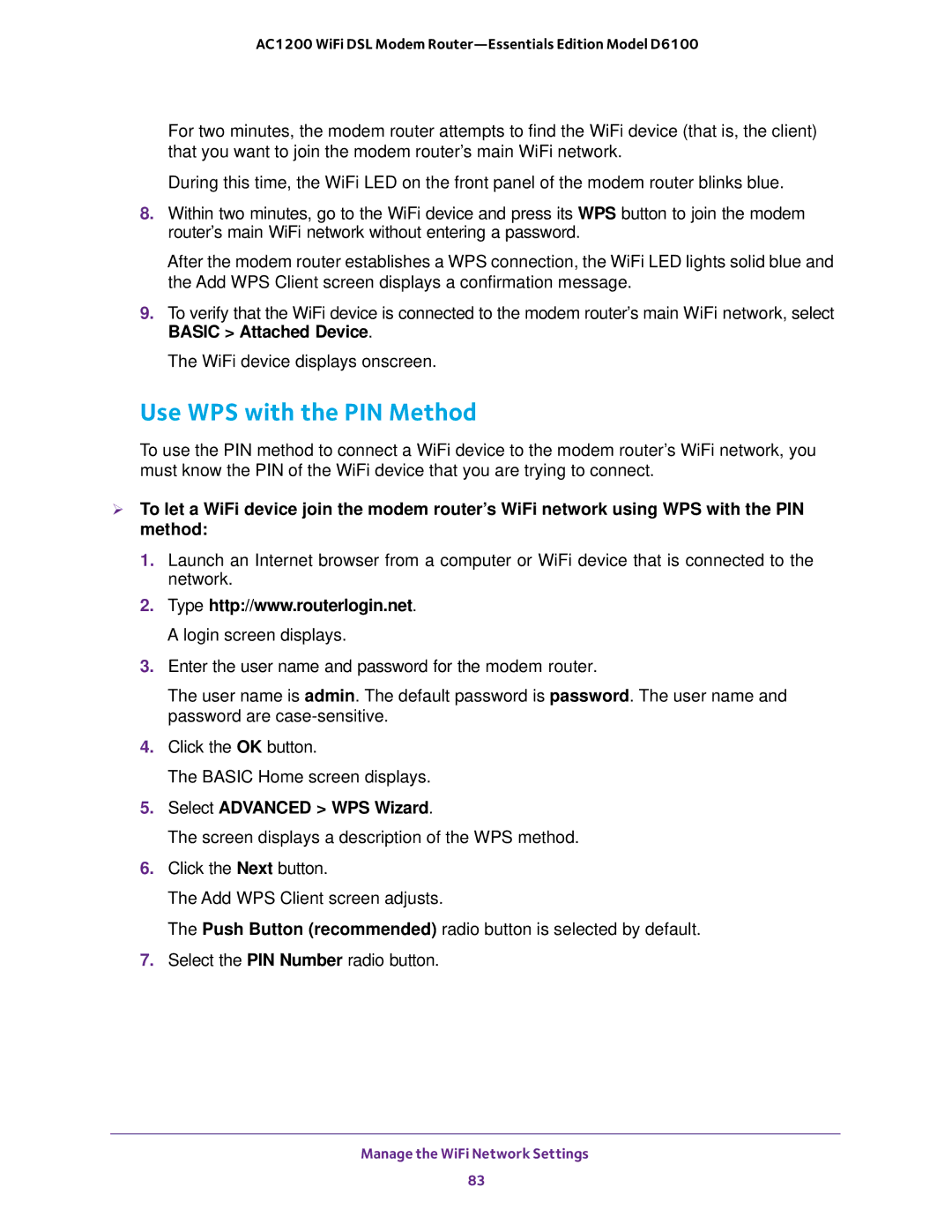 NETGEAR D6100 user manual Use WPS with the PIN Method 