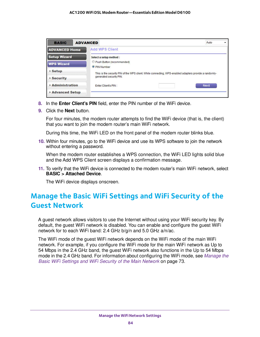 NETGEAR D6100 user manual Manage the WiFi Network Settings 