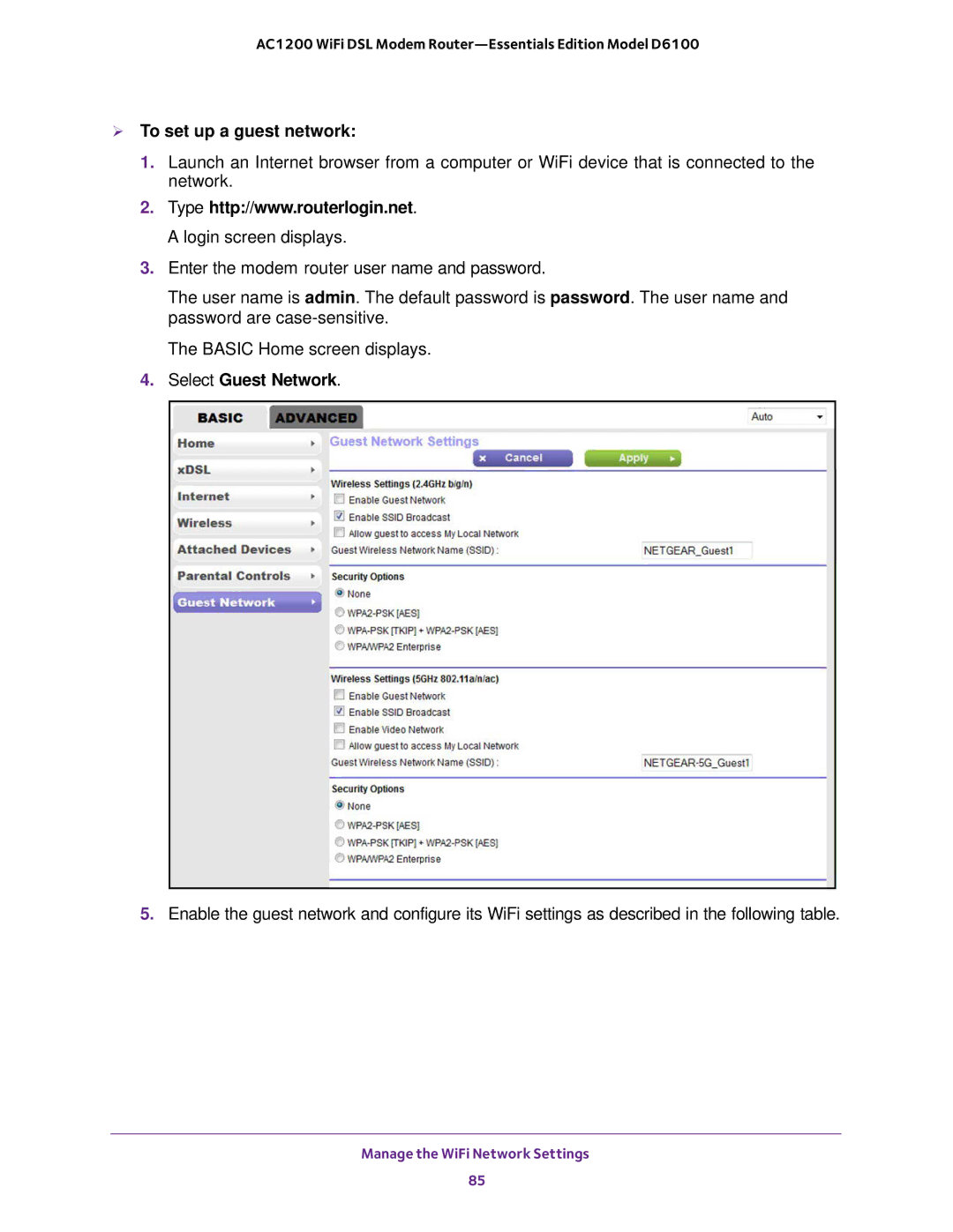 NETGEAR D6100 user manual  To set up a guest network, Select Guest Network 