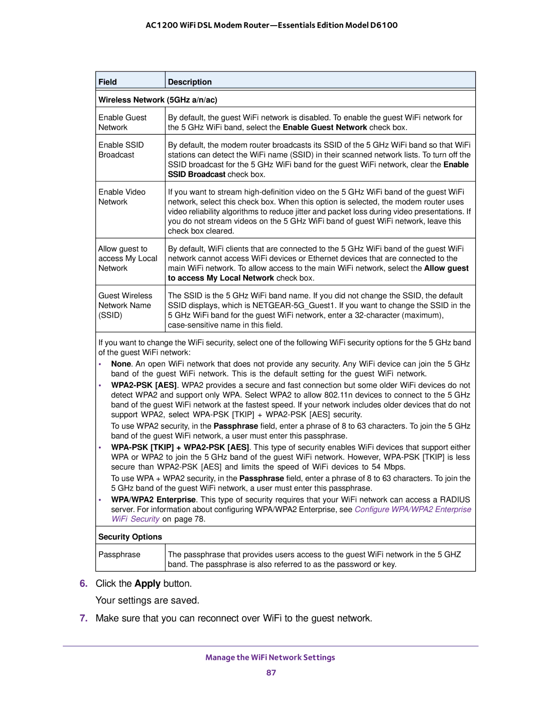 NETGEAR D6100 user manual Field Description Wireless Network 5GHz a/n/ac, Ssid Broadcast check box 