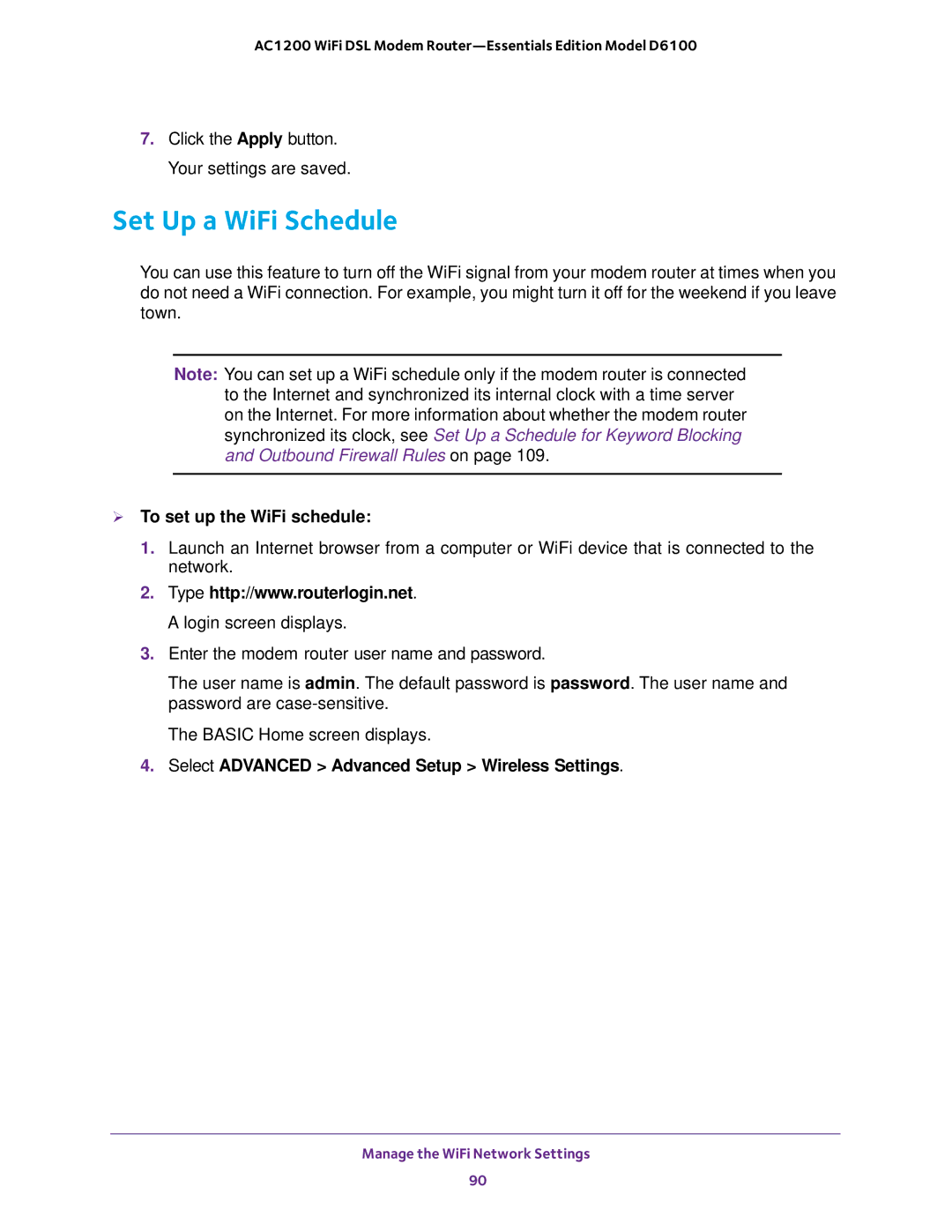 NETGEAR D6100 user manual Set Up a WiFi Schedule,  To set up the WiFi schedule 