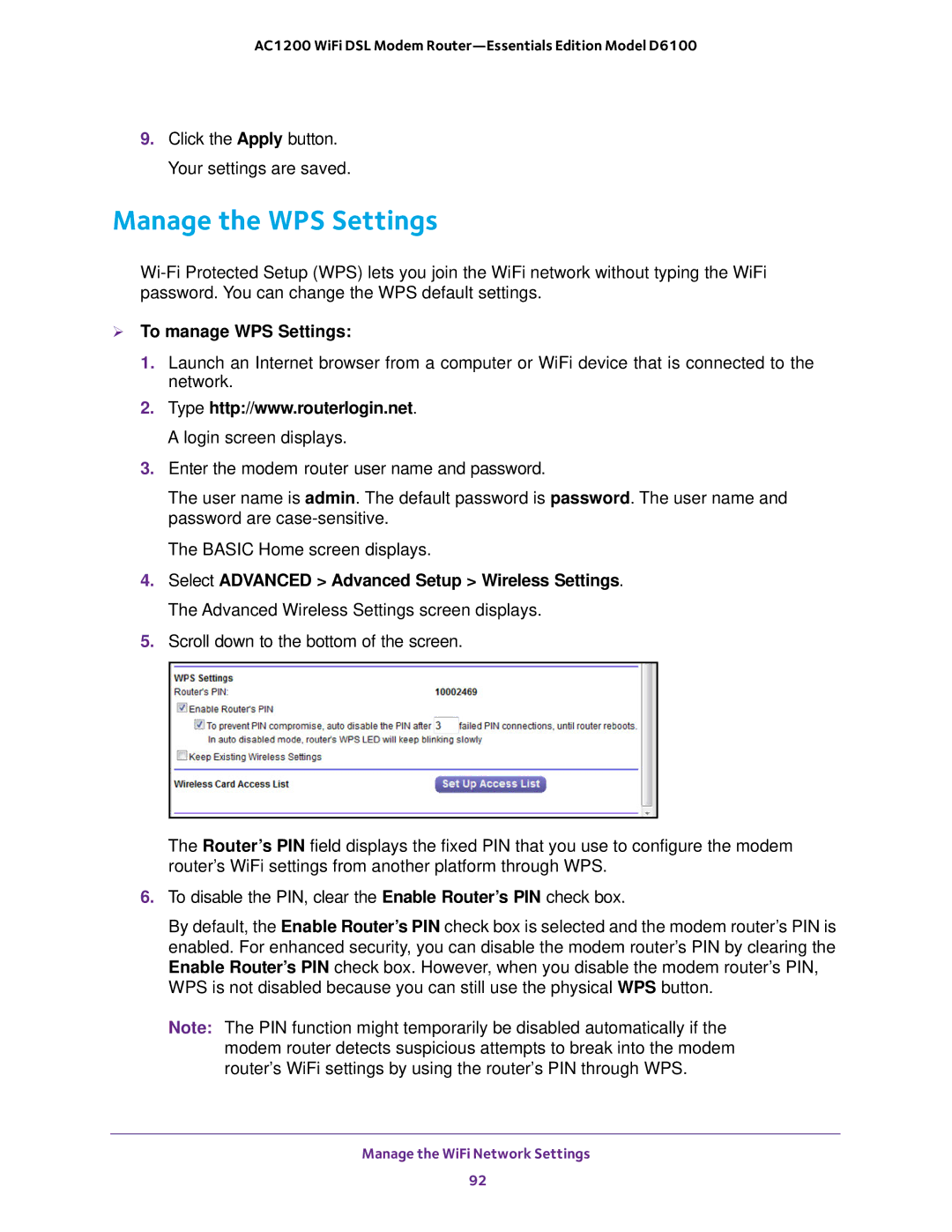 NETGEAR D6100 user manual Manage the WPS Settings,  To manage WPS Settings 