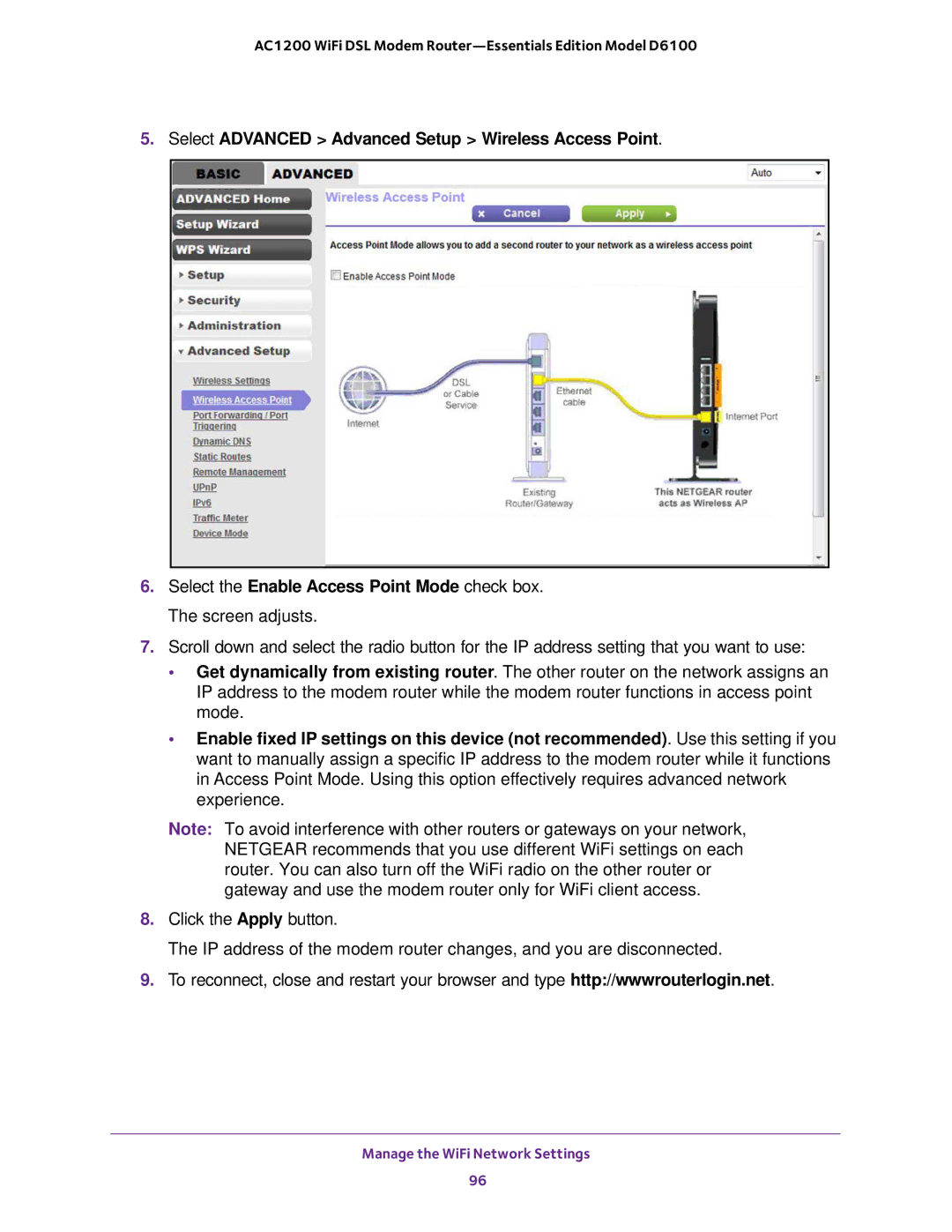 NETGEAR D6100 user manual Select Advanced Advanced Setup Wireless Access Point 