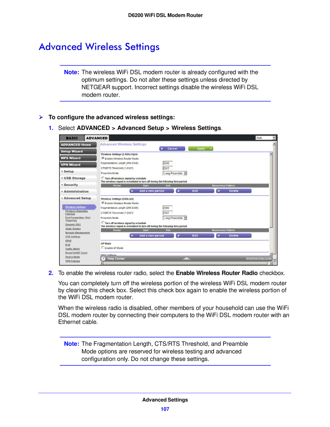 NETGEAR D6200-100NAS user manual Advanced Wireless Settings 