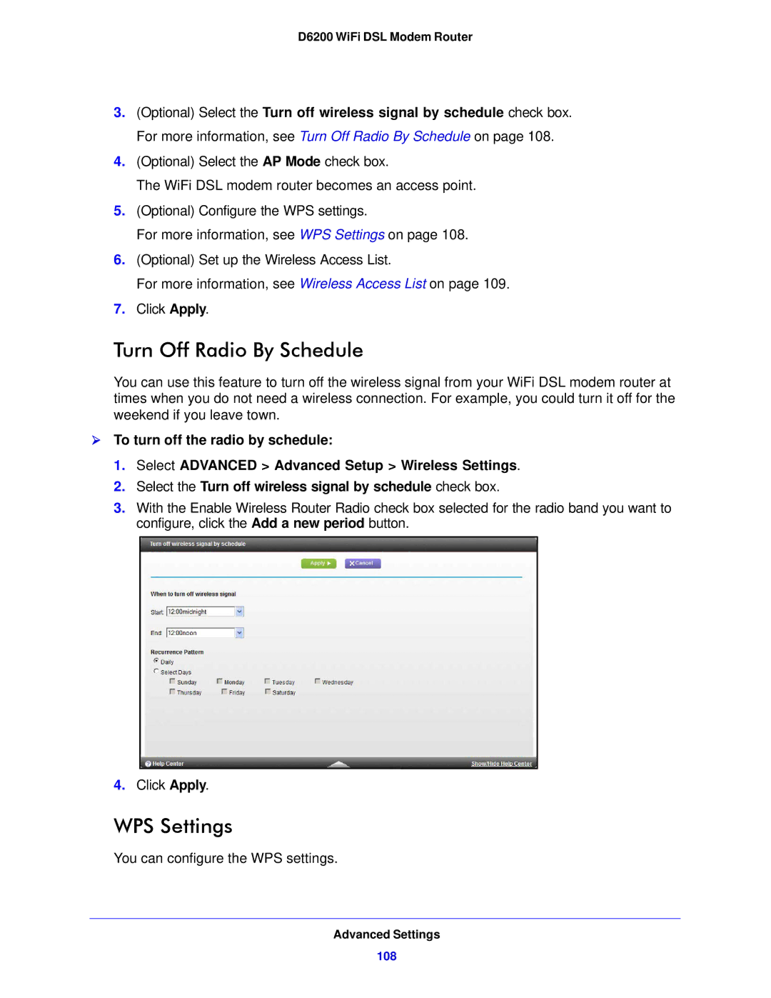 NETGEAR D6200-100NAS user manual Turn Off Radio By Schedule, WPS Settings 