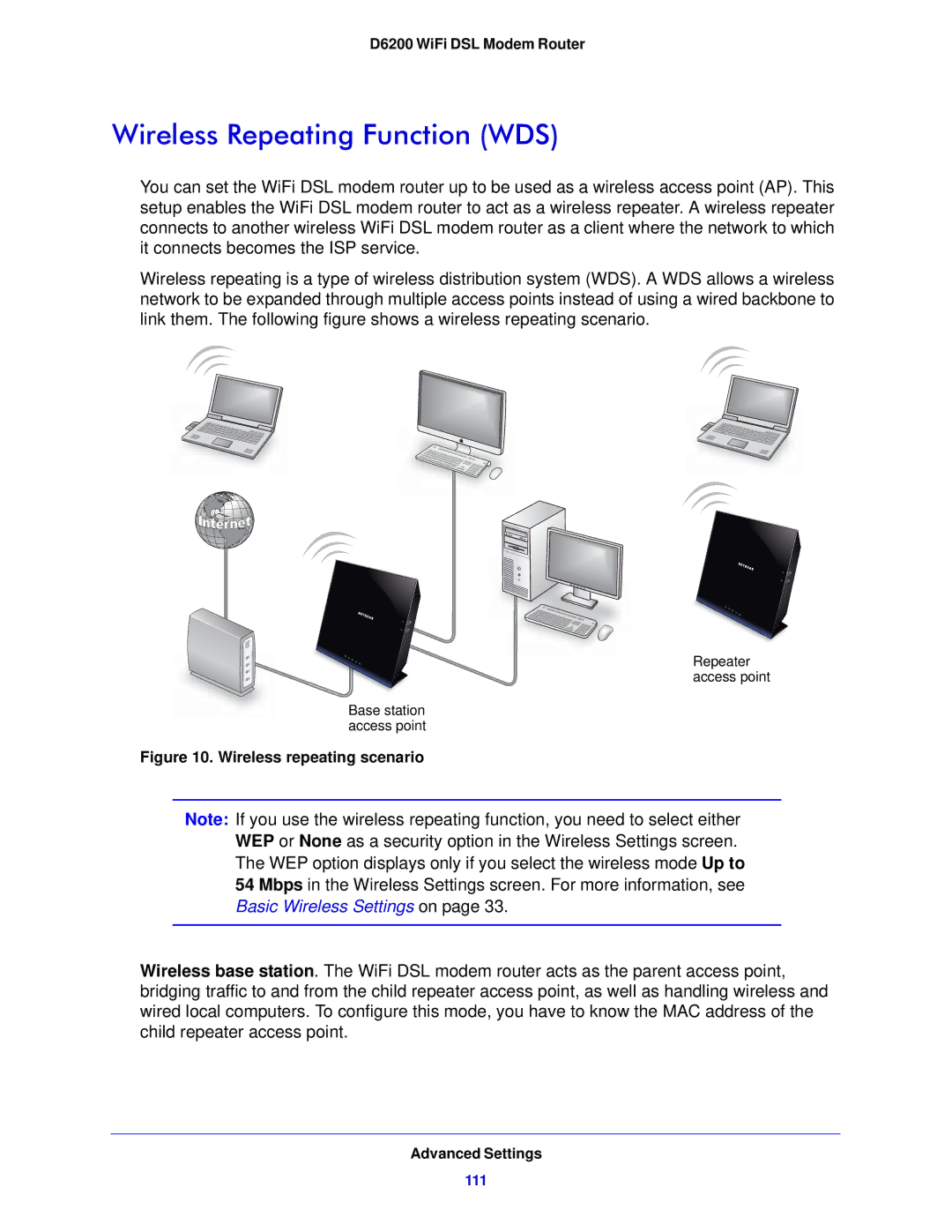 NETGEAR D6200-100NAS user manual Wireless Repeating Function WDS, Basic Wireless Settings on 