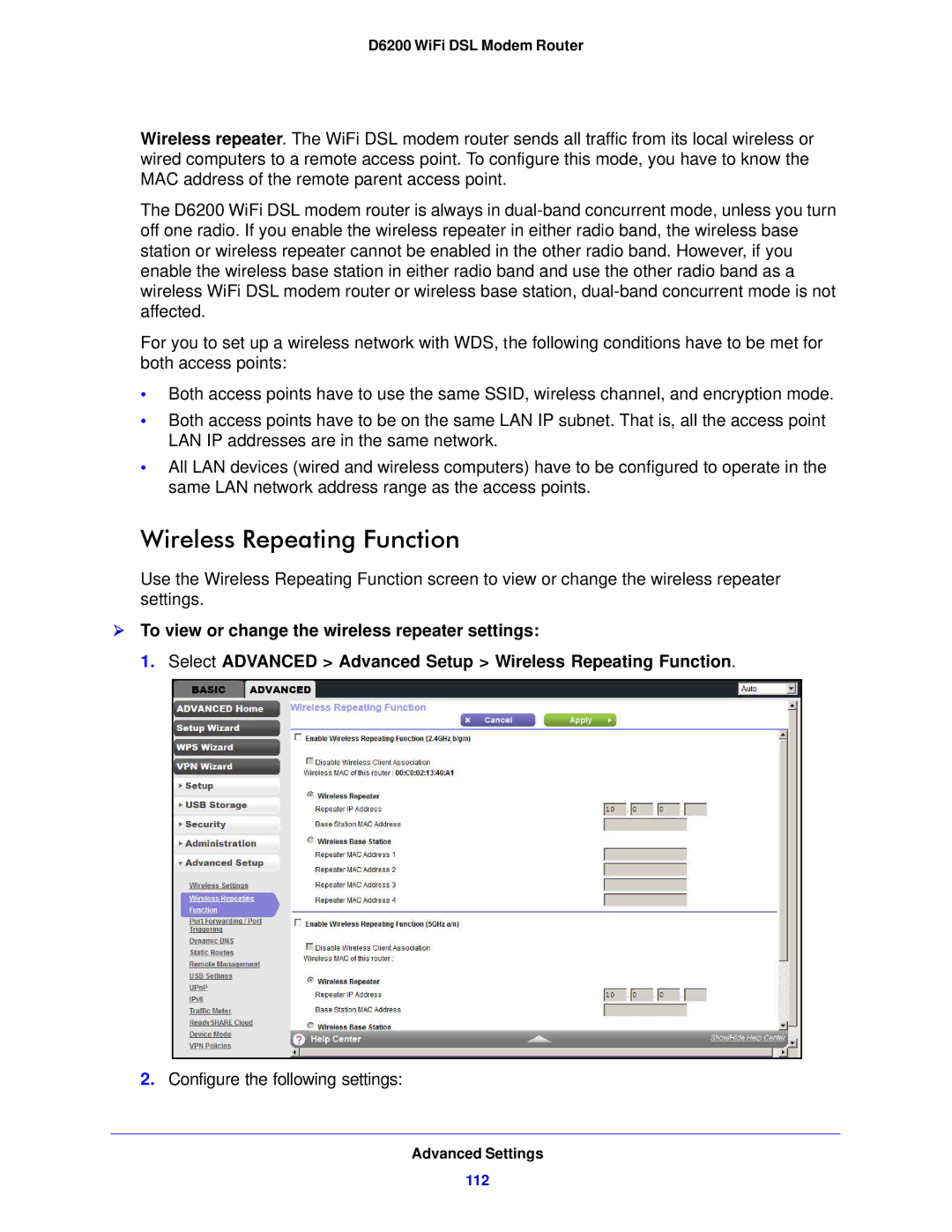 NETGEAR D6200-100NAS user manual Wireless Repeating Function 